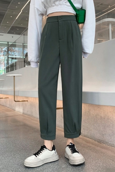 Retro Girls Pants Pocket Pure Color Mid Rise Full Length Regular Fit Button Placket Pants