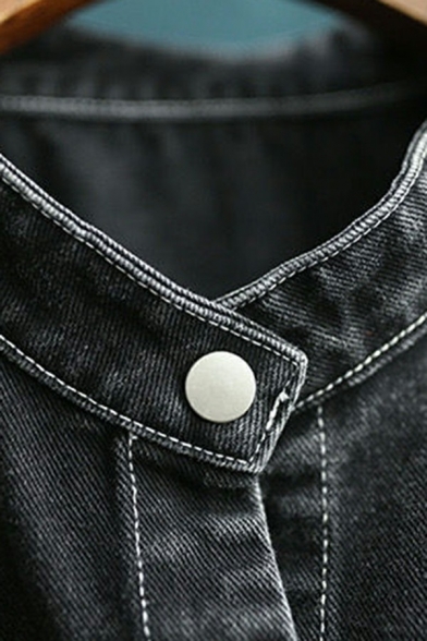 Retro Womens Vest Button Placket Crew Neck Denim Vest with Washing Effect