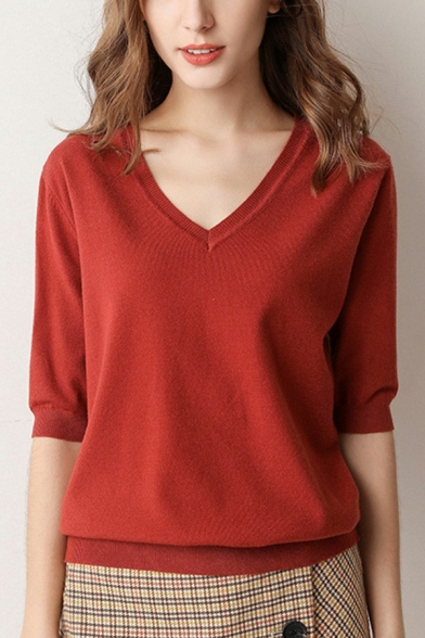 Simple Ladies Sweater Plain V-Neck Half Sleeve Relaxed Sweater