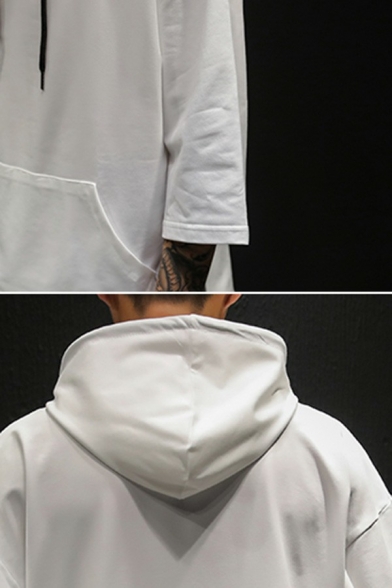 Simple Mens Drawstring Hoodie Plain 3/4 Sleeve Pocket Detail Hoodie