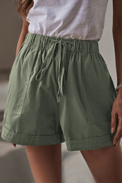 Simple Womens Shorts Plain Drawstring Waist High Rise Front Pockets Turn Up Shorts