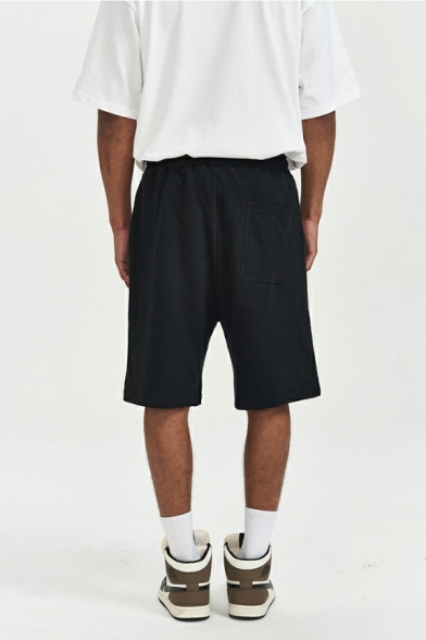 Sporty Mens Shorts Solid Drawstring Waist Mid Rise Side Pockets Sweat Shorts