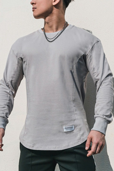 Sporty Mens Sweatshirt Pure Color Round Neck Irregular Hem Sweatshirt