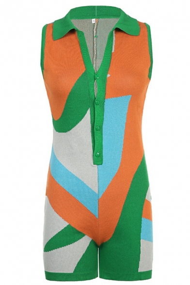 Stylish Girls Rompers Color Block V-Neck Sleeveless Single Breasted Rompers