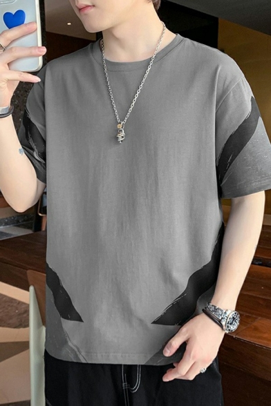Stylish Guy's Tee Shirt Contrast Color Short Sleeve Relaxed Round Neck Tee Shirt