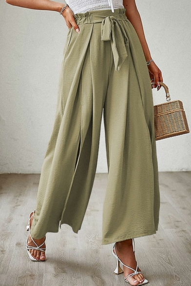 Stylish Womens Pants Solid Color High Tied Waist Split Design Long Straight Pants