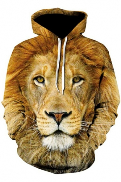 Casual Men Hoodie 3D Lion Printed Pocket Long Sleeve Relaxed Fit Hooded Drawstring Hoodie