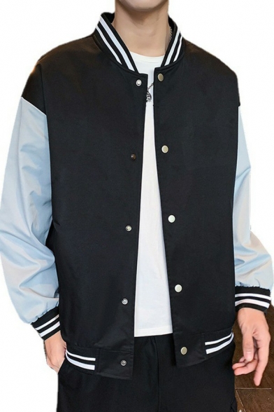 Casual Mens Jacket Stripe Print Button Closure Stand Collar Long Sleeve Relaxed Baseball Jacket