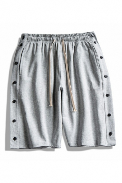 Chic Guys Shorts Plain Drawstring Waist Side Button Mid Rise Active Shorts