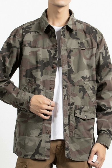 Dashing Guys Camouflage Jacket Plain Turn-down Collar Button Closure Pocket Detail Denim Jacket
