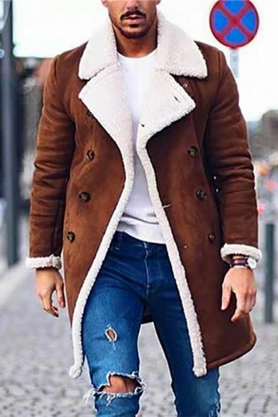 Edgy Men Jacket Pure Color Pocket Lapel Collar Regular Double Breasted Leather Jacket