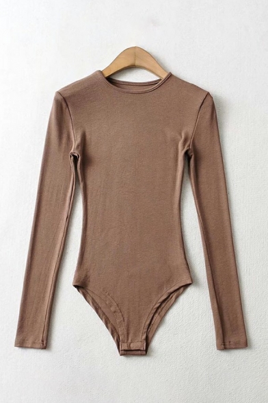 Fancy Pure Color Bodysuit Crew Neck Long Sleeve Ribbed Bodysuits for Women