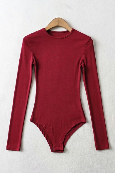 Fancy Pure Color Bodysuit Crew Neck Long Sleeve Ribbed Bodysuits for Women
