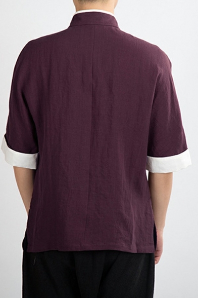 Fashionable Mens Shirt Solid Stand Collar Regular Half-Sleeved Button Closure Shirt