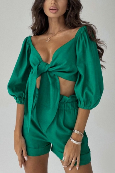 Fashionable Womens Plain Set Deep V Neck Half Puff Sleeve Knotted Crop Top & Ruffles Shorts Co-ords