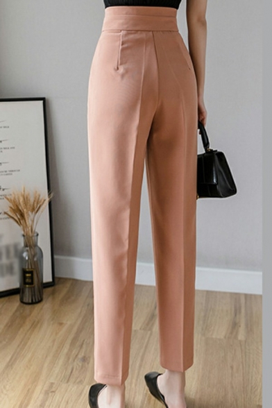 Ladies Stylish Pants Pocket Plain Straight Mid Rise Ankle Length Button Fly Pants