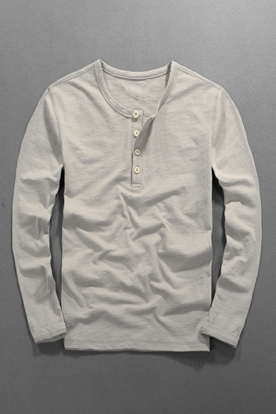 Leisure T-Shirt Plain Henley Collar Long Sleeve Slim T-Shirt