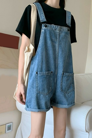 Leisure Womens Overalls Plain Rolled Cuffs Loose Fit Short Denim Overalls with Pockets