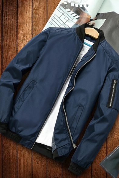 Mens Classic Jacket Color Block Stand Collar Long Sleeve Zip Closure Regular Fitted Baseball Jacket