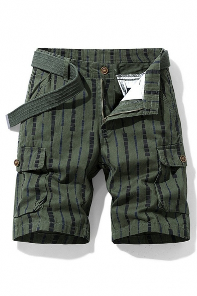 Popular Mens Cargo Shorts Stripe Print Button Closure Mid Rise Straight Fit Cargo Shorts with Pocket