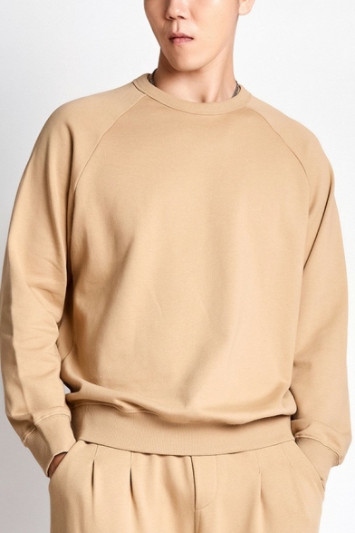 Simple Mens Sweatshirt Solid Color Round Neck Rib Cuffs Sweatshirt