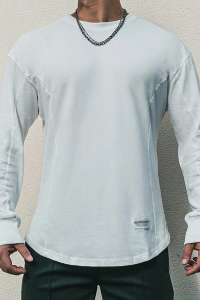 Sporty Mens Sweatshirt Pure Color Round Neck Irregular Hem Sweatshirt