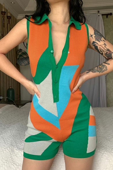 Stylish Girls Rompers Color Block V-Neck Sleeveless Single Breasted Rompers