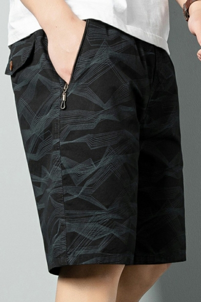 Stylish Mens Shorts Geometric Print Elastic Waist High Rise Zipper Pockets Cargo Shorts