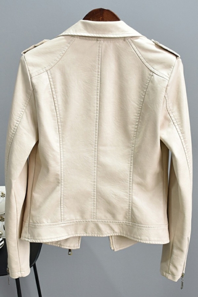 Stylish Womens PU Jacket Notched Lapel Collar Solid Color Zip Closure PU Jacket