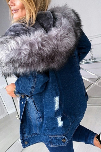 Trendy Womens Jacket Plain Contrast Fur Single Breasted Long Sleeve Ripped Hooded Denim Jacket
