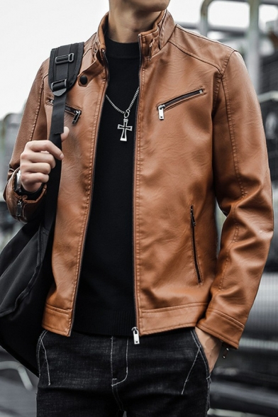 Vintage Jacket Pure Color Pocket Detail Stand Collar Zip Closure Leather Jacket for Men