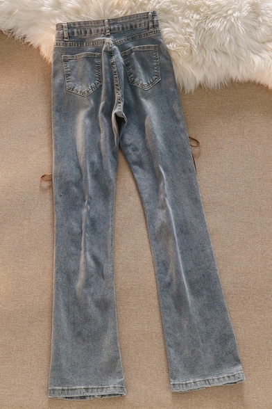 Women Cozy Jeans Solid Color Lace-up High Rise Long Length Loose Split Front Zipper Jeans