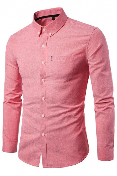 Basic Mens Plain Shirt Button Closure Chest Pocket Turn-down Collar Regular Fit Shirt