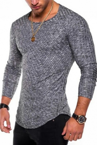 Casual Mens T-Shirt Striped Print Round Neck Long Sleeve Curved Hem T-Shirt