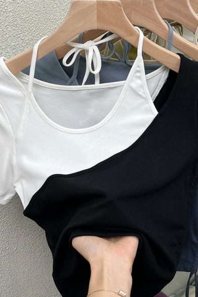 Chic Womens T-Shirt Contrast Color Round Neck Tie-Back Short Sleeve Hollow Ruched Cropped T-Shirt