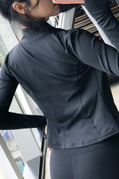 Fancy Womens Fitness Jacket Mock Neck Pure Color Zipper Down Yoga Jacket