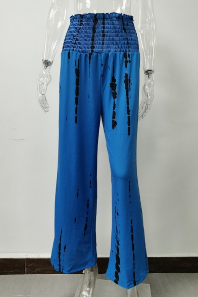 Leisure Womens Pants Tie Dye Print High Elastic Waist Oversized Fit Long Straight Pants