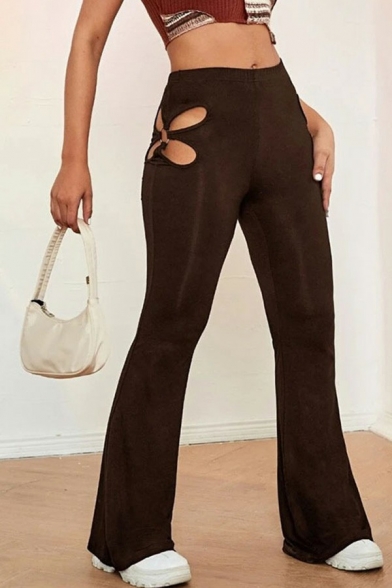 Leisure Womens Stretchy Pants Solid Color High Waist Hollow Out Slim Fit Flared Pants
