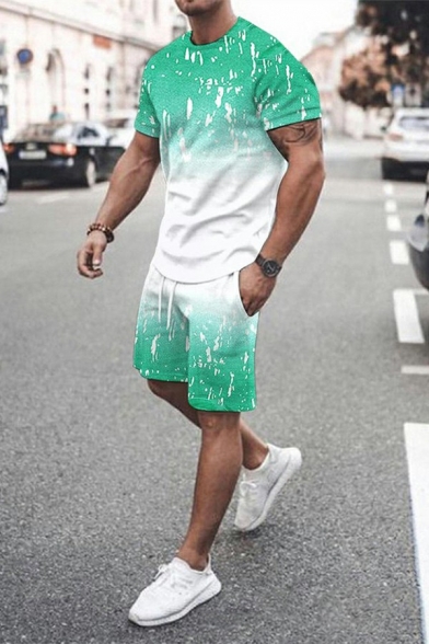 Men Street Look Set 3D Pattern Short-Sleeved Crew Collar Tee Shirt with Shorts Regular Set