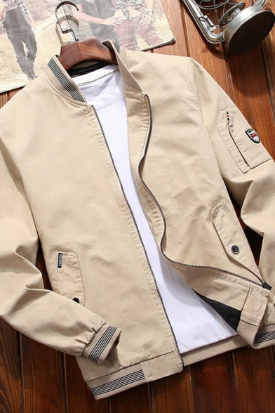 Mens Vintage Baseball Jacket Plain Zipper Closure Stand Collar Relaxed Fit Baseball Jacket