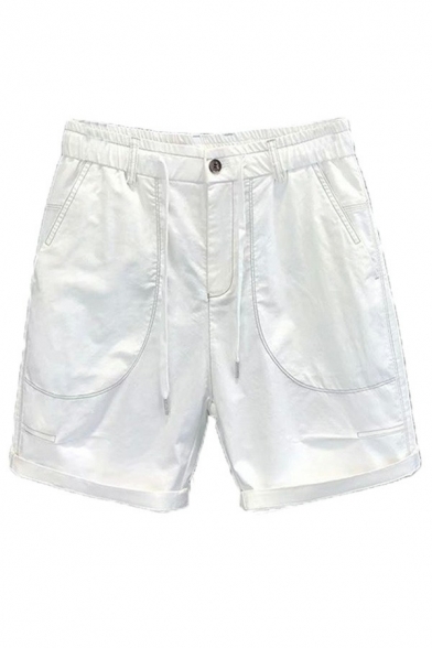 Popular Mens Cargo Shorts Pure Color Drawstring Waist Mid Rise Straight Fit Cargo Shorts with Pocket