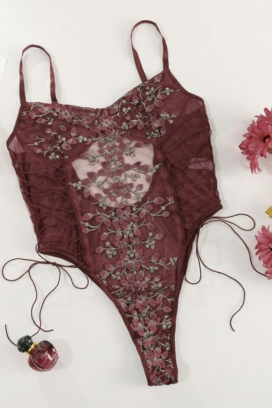 Sexy Lace Bodysuit Flower Embroidery Spaghetti Strap Lace Up Mesh Patchwork Slim Fit Bodysuit