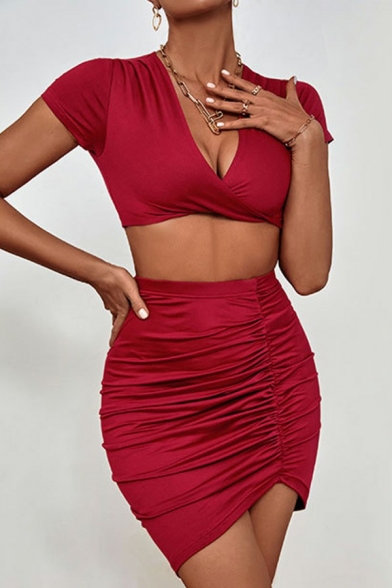 Sexy Womens Co-ords V-Neck Short Sleeve Cropped Top & Mini Ruched Skirt Set