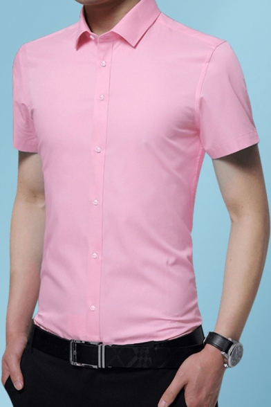 Simple Mens Plain Shirt Button Closure Short Sleeve Turn-down Collar Regular Fit Shirt