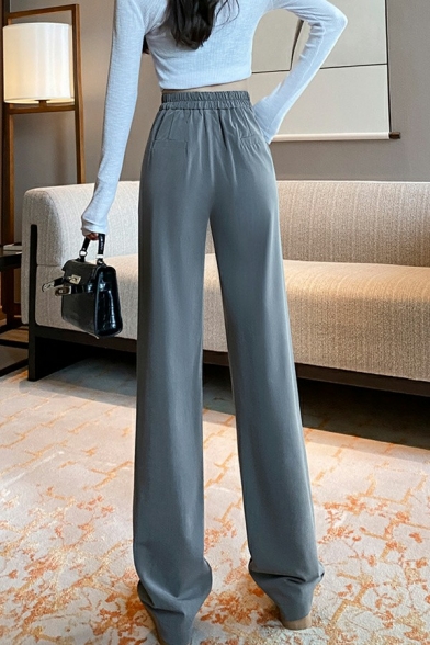 Simple Pants Pocket Solid Mid Rise Full Length Button down Regular Fit Pants for Ladies