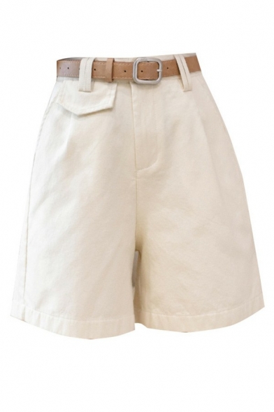 Trendy Ladies Shorts Plain Zipper Fly High Waist Loose Shorts（Included Belt)