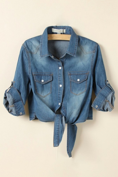 Unique Womens Jacket Plain Turn-Down Collar Single Breasted Bow Front Half Sleeve Cropped Denim Jacket