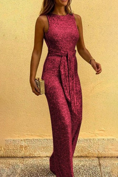 Vintage Womens Sequined Jumpsuits Crew Neck Solid Color Sleeveless Tied Waist Jumpsuits