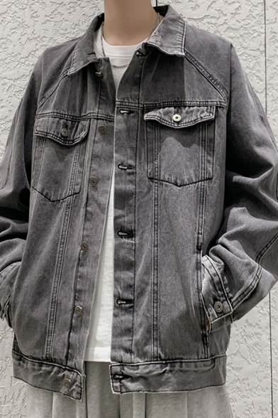 Casual Guys Denim Jacket Plain Button Closure Pocket Detail Spread Collar Loose Fit Denim Jacket