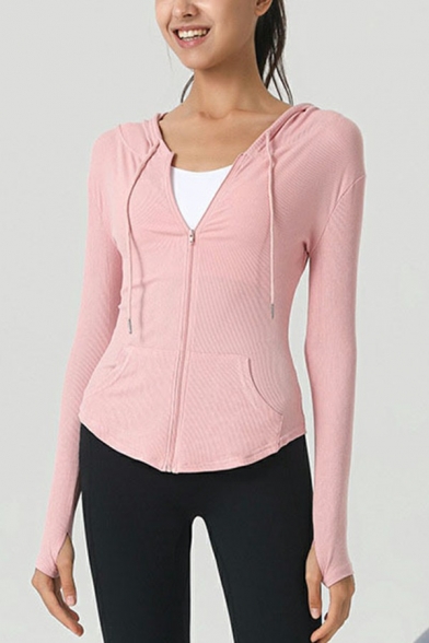 Casual Womens Jacket Plain Drawstring Zipper Fly Long Sleeve Hooded Yoga Jacket